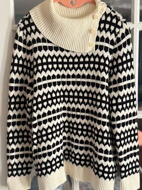Talbots Black and Cream Buttoned Cowl Turtleneck Sweater